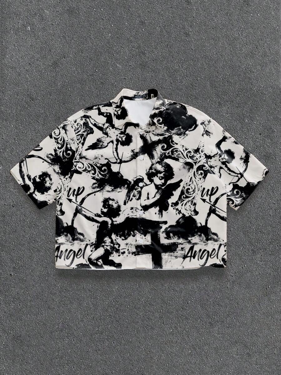 Manfinity ZONE917 Camisa de manga corta con estampado todo sobre de cruz y ángel graffiti, suelta y corta en la caja, ZONE917 - Multicolor - Ver 1