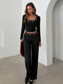 Aloruh Women's Solid Black Top And Pants 2 Pieces Set,Y2K Style Eyelets Rivets Decor Long Sleeve Crop Top,Black And Silver,Summer,Chic,Club Winter Outfits - Black - View 6