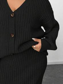 Elenzga Plus Size Elegant Solid Color Button-Front Cardigan And Skirt 2-Piece Set, Autumn/Winter - Black - View 7