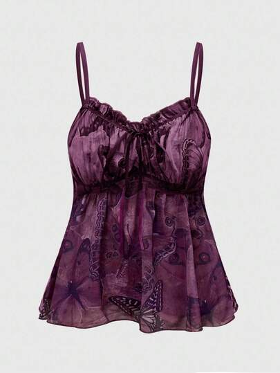 Fairycore Plus Size Summer Casual Retro Butterfly Print Camisole