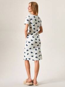 Loomlin Women Striped With Contrast Colour Heart Pattern Short Sleeve Homewear Sleep Dreess - Multicolor - View 2