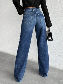 SHEIN Tall Tall High Waist Asymmetric Belt Wideleg Jean - Dark Wash - View 2