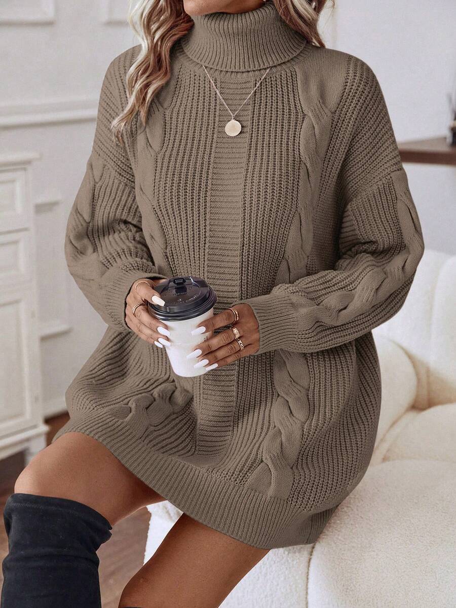 SHEIN LUNE Váy len dệt kim ngắn cổ lọ thời trang thu đông dành cho nữ - Màu nâu Sô-cô-la - Xem 1