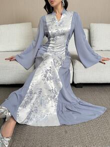 Al Najma Váy buộc chéo cổ khoét sâu thanh lịch bằng vải jacquard dành cho nữ, mùa thu - Màu xanh lam - Xem 3