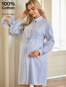 SHEIN 时尚休闲条纹印花腰部哺乳连衣裙