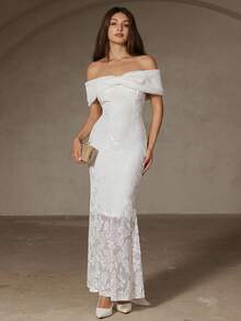 Revavyn Váy đuôi cá in họa tiết hoa hồng co giãn cao, cổ lông giả có thể tháo rời, không tay, chất liệu vải cháy nắng, thích hợp cho tiệc tối - trắng - Xem 1