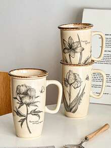 1个复古花卉陶瓷马克杯，大容量咖啡/果汁/牛奶杯，适用于办公室