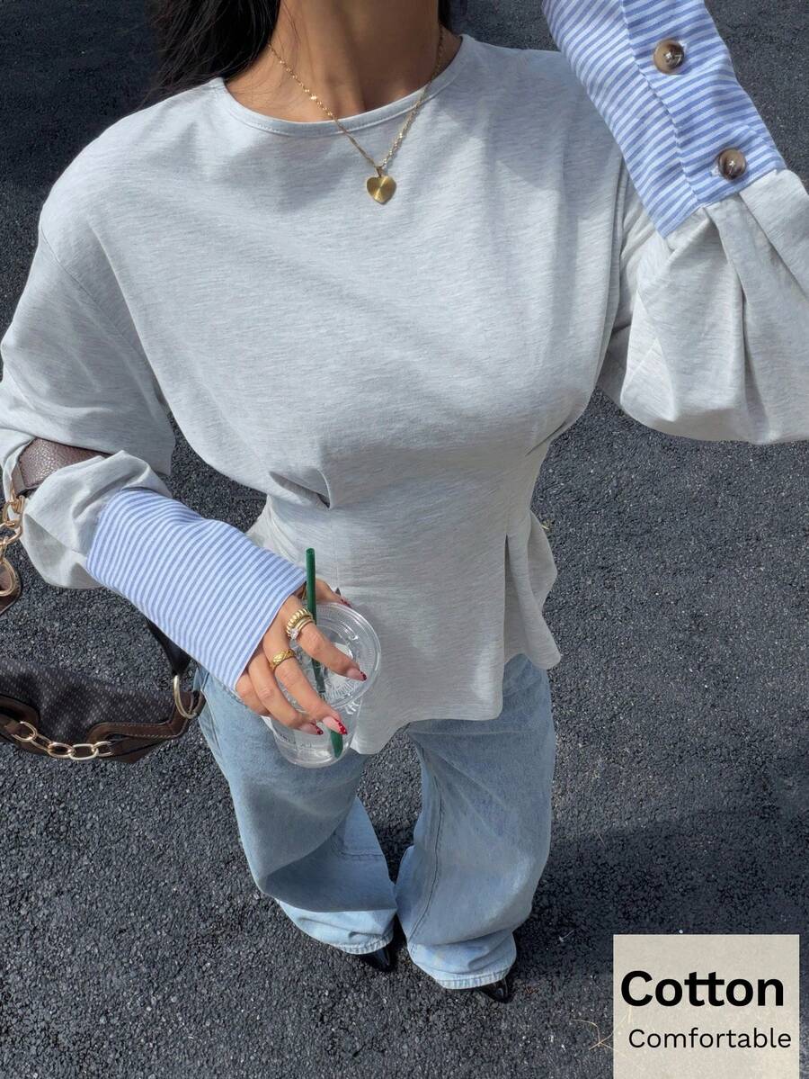 Siren Gaze Women's Grey Patchwork Cuff Waist T-Shirt, New Autumn Collection Winter Light Grey Top Puff Sleeve Sleeve Top Grey Blouse Light Blue Blouse - Grey - View 1