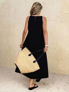 Vestido largo de cuello redondo casual para mujer, adecuado para uso diario y citas - Negro - Ver 4