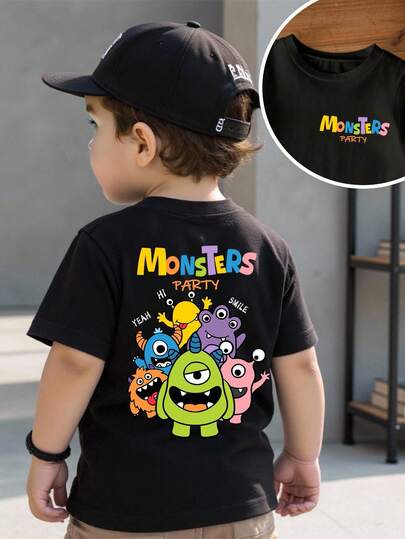 SHEIN Playful Pals Camiseta de manga corta de cuello redondo con patrón minimalista casual para bebé niño, adecuada para el verano