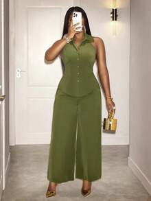 Lineaform Women's Elegant Summer Olive Green Sleeveless Backless Jumpsuit,Lapel High Waist Wide Leg Style For Night Out,Wedding,Gala,Commuting,Holiday,Parties - Army Green - View 6