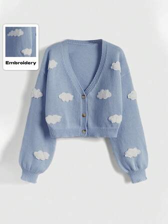 Kawaii Cloud Print V-Neck Cardigan, School,Long Sleeve Tops