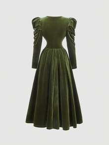 SHEIN Vestido verde con cuello en V, mangas con volantes y cintura ceñida para niñas preadolescentes, vestido de princesa, conjunto elegante para niñas, vestido formal, vestido de dama de honor, vestido de invitada a boda de otoño, vestido de vendaje, conjunto de Año Nuevo para niñas, vestido de gala de baile de máscaras - Verde Oliva - Ver 8