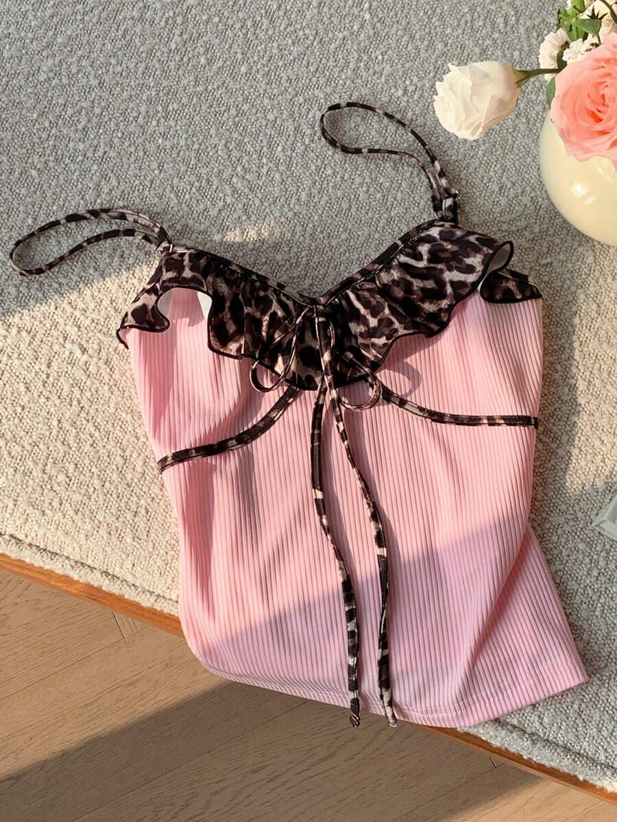 Comfortcana 2025新款秋冬时尚女装豹纹荷叶边吊带背心，适合夏季度假休闲穿着 - 粉色 - 查看 1