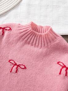 Tween Girl Sweater,Casual Cute Pink Autumn Knitted Short Sweater With Bow Pattern,Soft Comfortable For Wedding Ninang,Daily,Christmas,Back-To-School - Pink - View 10