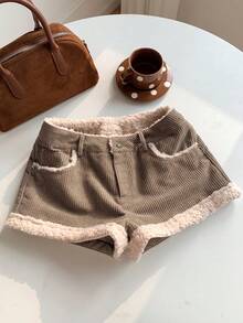 Comfortcana 女士时尚抓绒口袋短裤，秋冬季 - 卡其色 - 查看 3