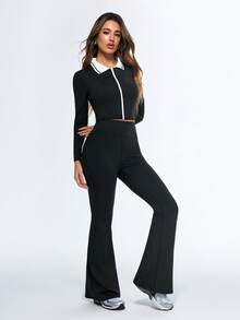 Eassivo Eassivo Damen Farbblock Kragen Raglanärmel Crop Reißverschluss Sport Set - Schwarz - Übersicht 7