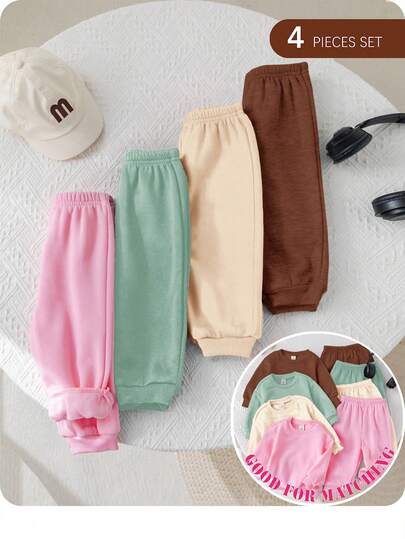 SHEIN Pantalones de punto térmicos de unicolor casual para bebé niña, estilo versátil que combina con todo, adecuado para interior, esquí al aire libre, uso diario, deportes, juego, fiesta, fotografía, Navidad y otras ocasiones en otoño/invierno