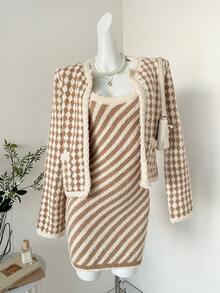 Muvela Women's Casual Diamond Pattern Crew Neck Cardigan With Pockets, Autumn/Winter,Sweaters For Women - Khaki - View 7