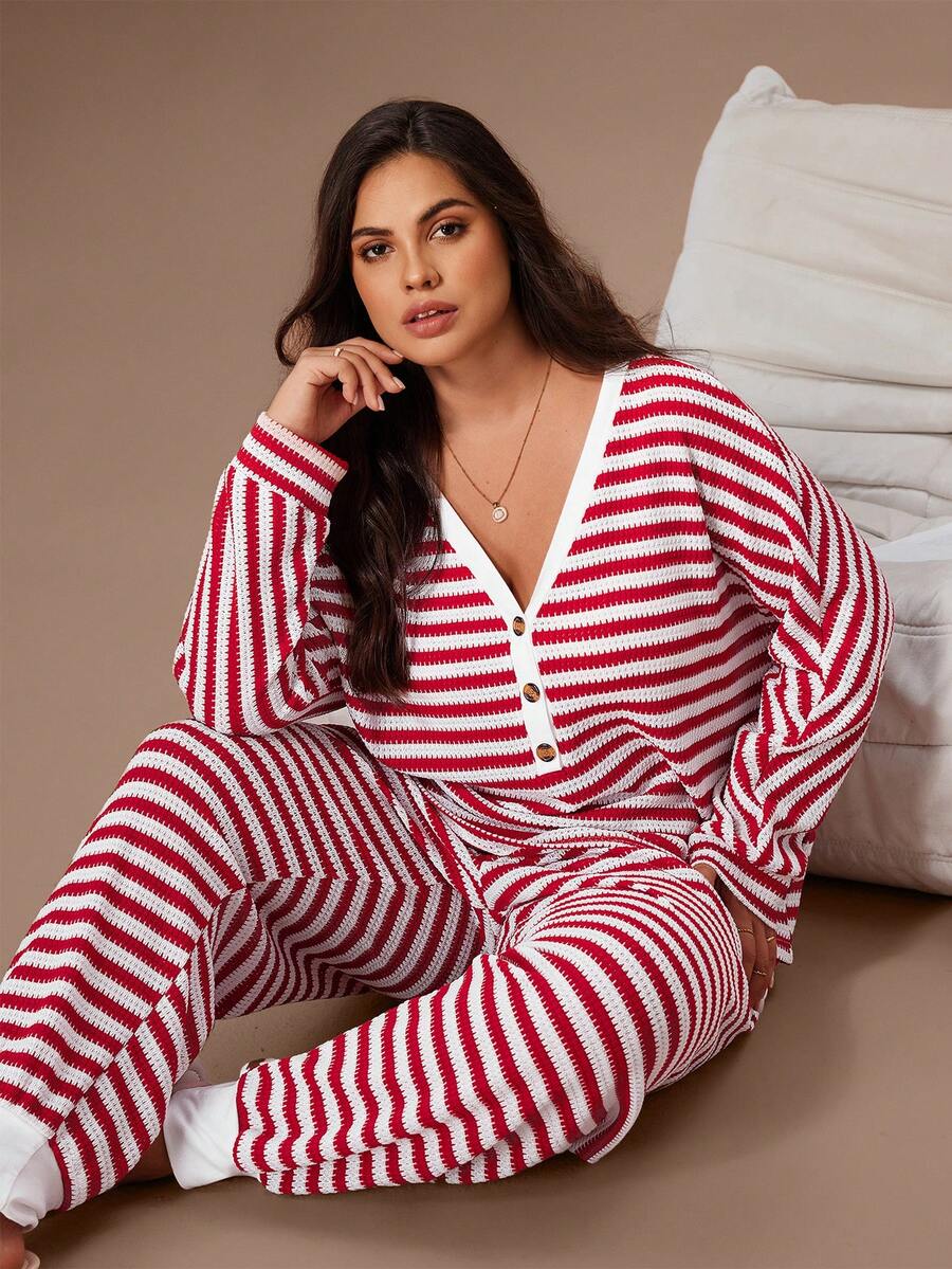 Lazeform Bộ đồ ngủ nữ cỡ lớn kẻ sọc jacquard, kiểu dáng thường ngày, tay dài cài nửa cúc và quần dài, thích hợp cho mùa đông. - Đỏ - Xem 1