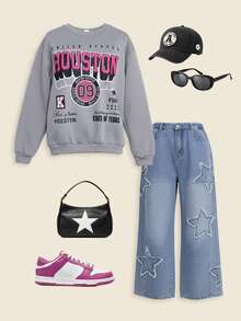 SUMWON Houston Vintage College Inspired Sweatshirt With Mixed Graphics And Text Design Vacation - Grey - View 1