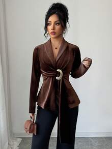 Elenzga Women's Solid Color Metal Ring Pleated Elegant Long Sleeve Blouse - Camel - View 3