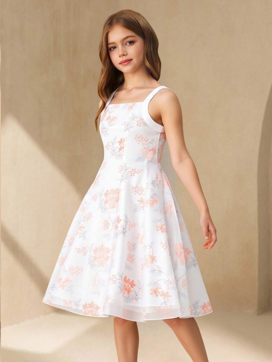 Tween Girls'white And Blue Floral Elegant Luxurious Summer Party Spaghetti Strap Backless Bow Midi Dress,Wedding Flower Girl Birthday Graduation - White - View 1
