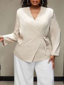 Truni Elyhuante_03 Plus Size Solid Color Tie Side Blazer In Fall/Winter, For Pear Triangle Body Shape - Black - View 3