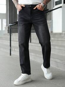 Manfinity Homme Men's Casual Everyday Commute Simple Versatile Solid Color Straight Leg Jeans - Black - View 8