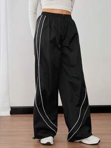 SHEIN Tall Damen Lässig Hose mit Kordelzug, hoher Taille und weitem Bein - Schwarz - Übersicht 12