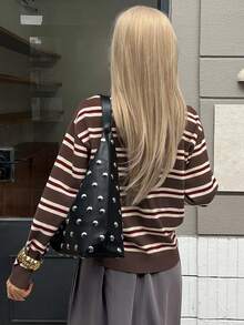 Livesso Áo len cổ lọ kẻ sọc cổ điển mùa thu dành cho nữ - Cà phê nâu - Xem 2