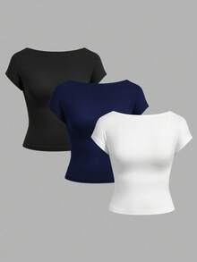 SHEIN EZwear 三件套黑色、白色、蓝色休闲简约圆领短袖露背修身T恤，适合夏季穿着 - 彩色 - 查看 2