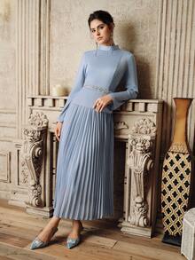 Anewsta Women's Elegant Pleated Long Sleeve Holiday Blue Winter Dress, A-Line Street Style Dress - Blue - View 7
