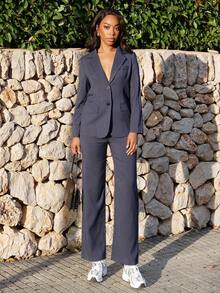Yess Loren Women's Minimalist Notch Collar Blazer And Pants Suit, Commuting Style Fall Cloth For Women - Navy Blue - View 6
