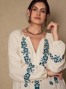 Freevana 大码休闲波西米亚复古花卉刺绣长袖柔软棉质衬衫，西式秋季风格 - 米色 - 查看 4