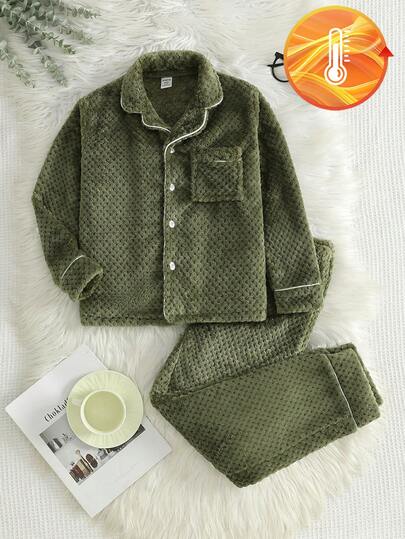 2 件套男童毛绒羊羔绒衬里开衫和裤子套装，舒适撞色家居服