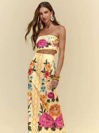 CAJUNI Women's Elegant Floral Halter Sleeveless Skirt 2-Piece Set, Yellow & Fuchsia Peony Lily Print, Casual Resort Wear, Romantic Date Outfit