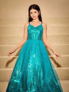 Elegant Sequin Strap Dress For Teenagers, Suitable For Prom, Performance, Banquet, Reception, Art Exhibition, Fashion Events - Green - View 6