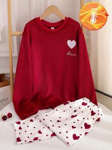 Teen Girl Pajamas, Teens Autumn/Winter Long Sleeve & Pants Set, Sweet Burgundy Velvet Fabric With Heart Embroidery & All-Over Heart Print Elegant Loungewear Teen Girls Heart Print Sleepwear - Red - View 6