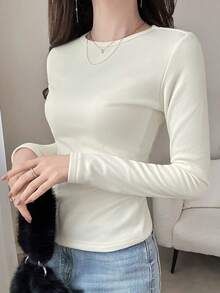 FRIFUL Women's Solid Color Round Neck Raglan Long Sleeve Casual Versatile Fleece T-Shirt - White - View 6