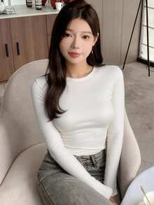 DAZY 女款素色圓領長袖修身抓絨T恤校園風 - 米色 - 查看 3