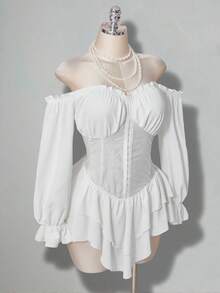 SHEIN ICON 大码女式喇叭袖白色迷你连衣裙 - 白色 - 查看 7