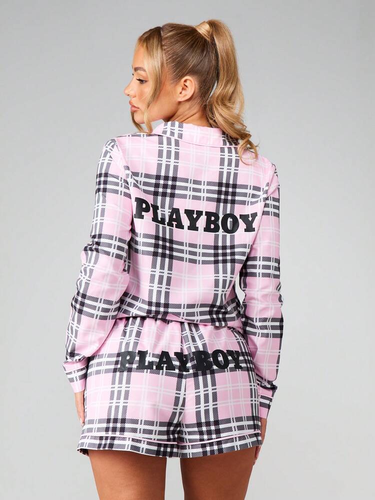 Missguided x Playboy Plaid Button Up Shirt And Shorts Pajama Set With Long Sleeves And Drawstring Waist For Comfortable Sleepwear Loungewear