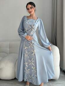 Yasmyna 女士优雅方领阿拉伯风格连衣裙 - 藍色 - 查看 2