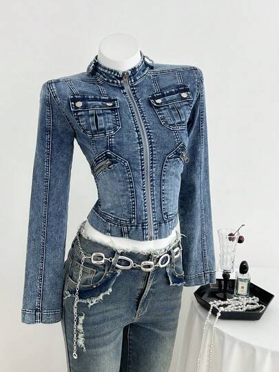 Elamini 女士立领拉链长袖修身牛仔衬衫蓝色牛仔外套女士牛仔上衣女士牛仔裤套装牛仔上衣女士