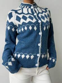 Flirla Women's Vintage Fair Isle Pattern Cardigan Sweater, Fashion Versatile Commute Casual Loose Fit Autumn/Winter - Navy Blue - View 7