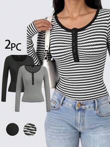 SHEIN EZwear 冬季新年感恩节三件套女式条纹+纯色圆领长袖T恤 女式长袖上衣 修身上衣 女式紧身衣 - 彩色 - 查看 11