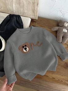 SHEIN LMoss Kids 男童可爱小熊图案落肩圆领套头毛衣，舒适休闲，适合居家、户外、上学、秋冬季穿着。 - 灰色 - 查看 7