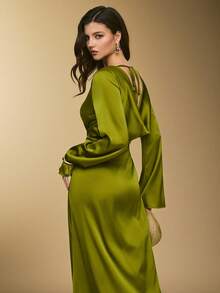 Poéselle 女士优雅露背连衣裙，纯色，适合派对穿着 - 綠色 - 查看 4