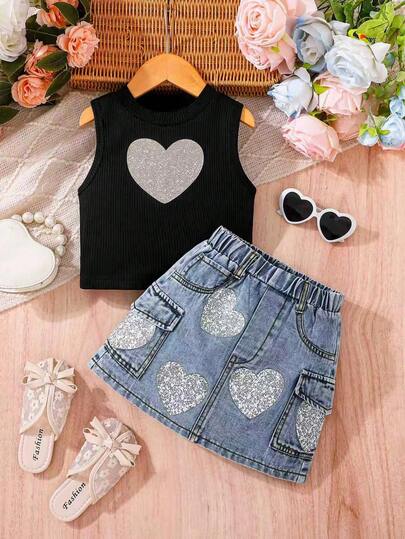 SHEIN Set de 2 piezas de camiseta sin mangas de cuello redondo cómoda y casual con bolsillo y falda vaquera para niñas jóvenes